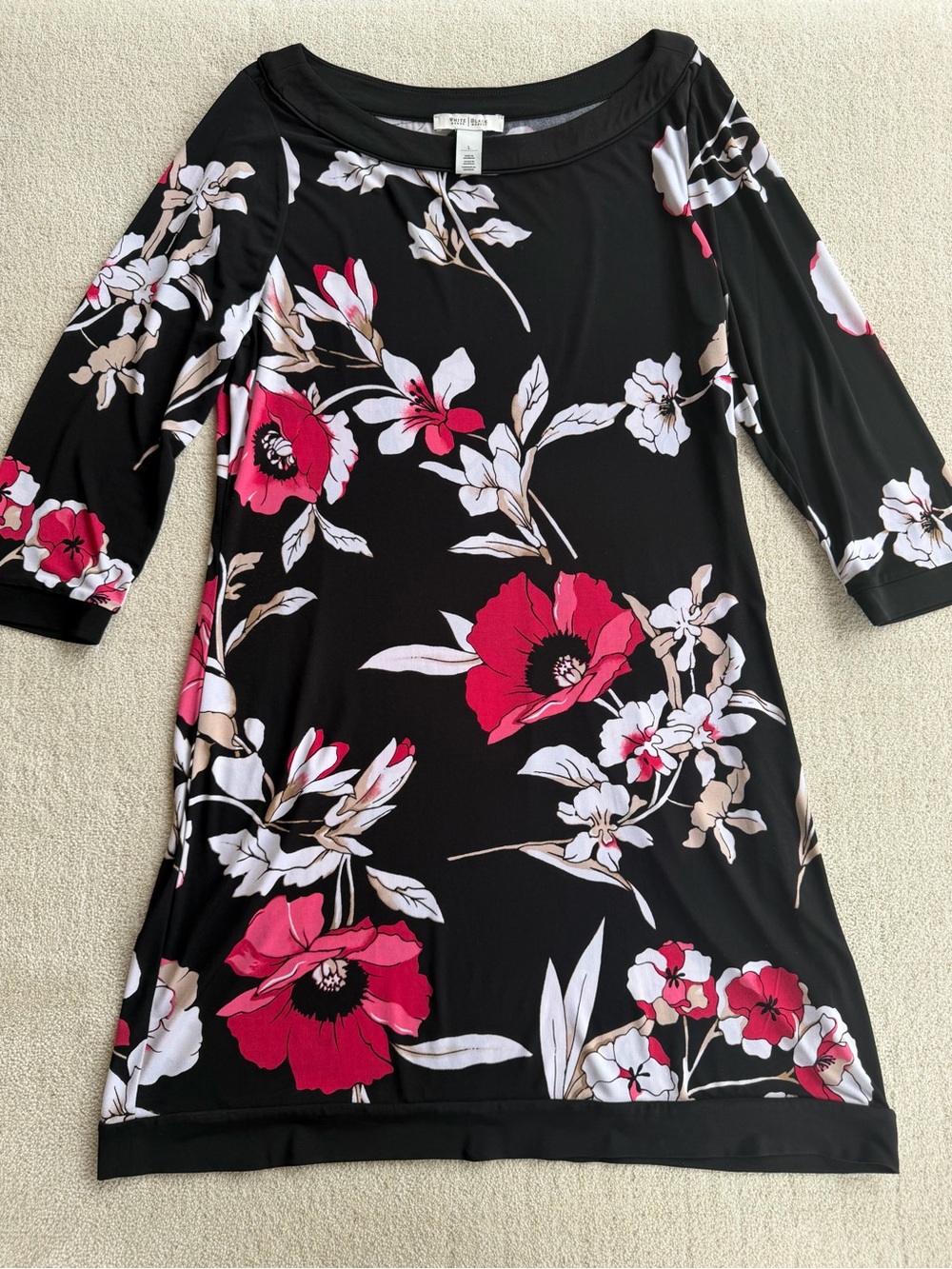 White House Black Market Dress Womens L Black Pink Floral Shift 3/4 Sleeve